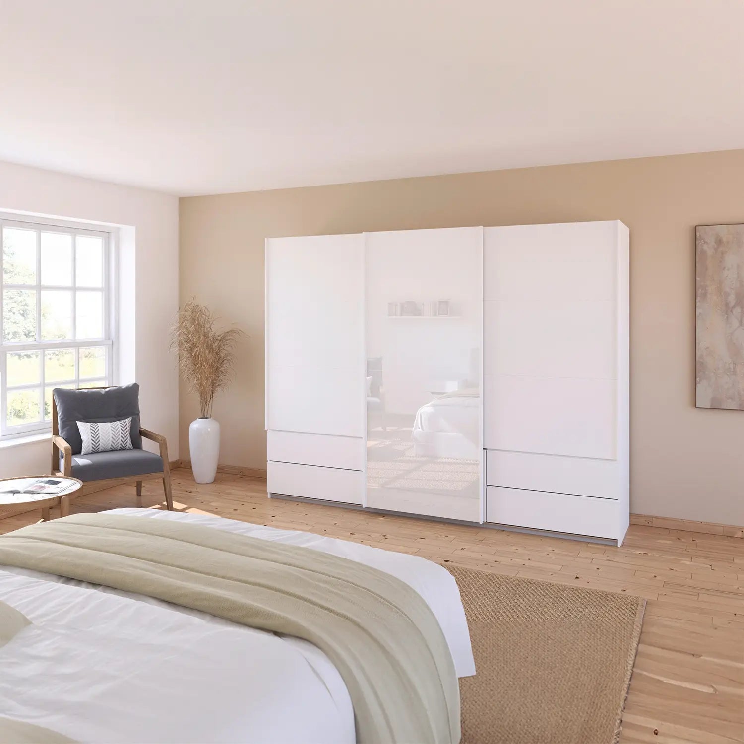 Elon 181cm White 3 Door Sliding Wardrobe with Drawers - Styled in a Bedroom