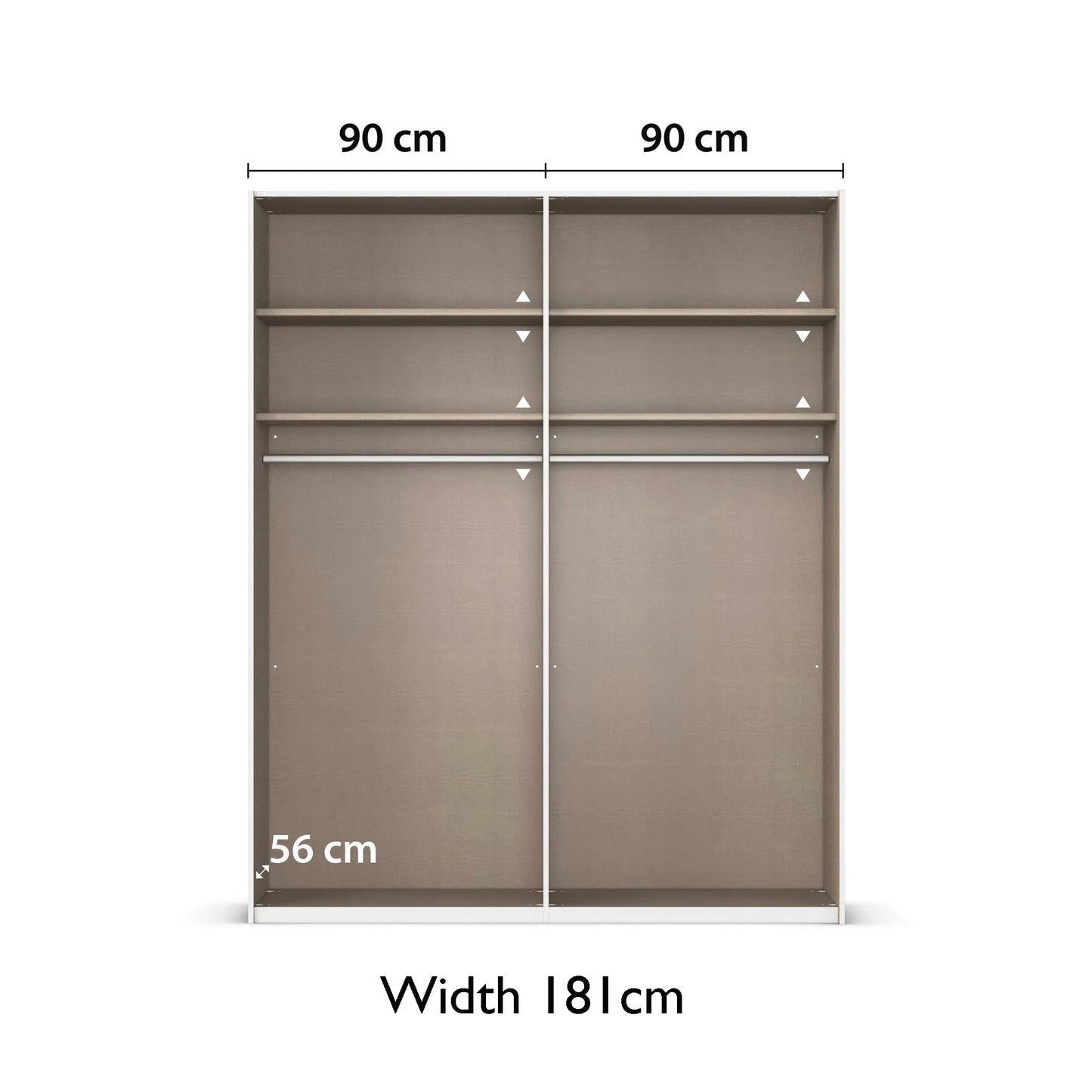 Eve White Sliding Door Wardrobe with Mirror with dimensions labeled on a white background Width 181cm