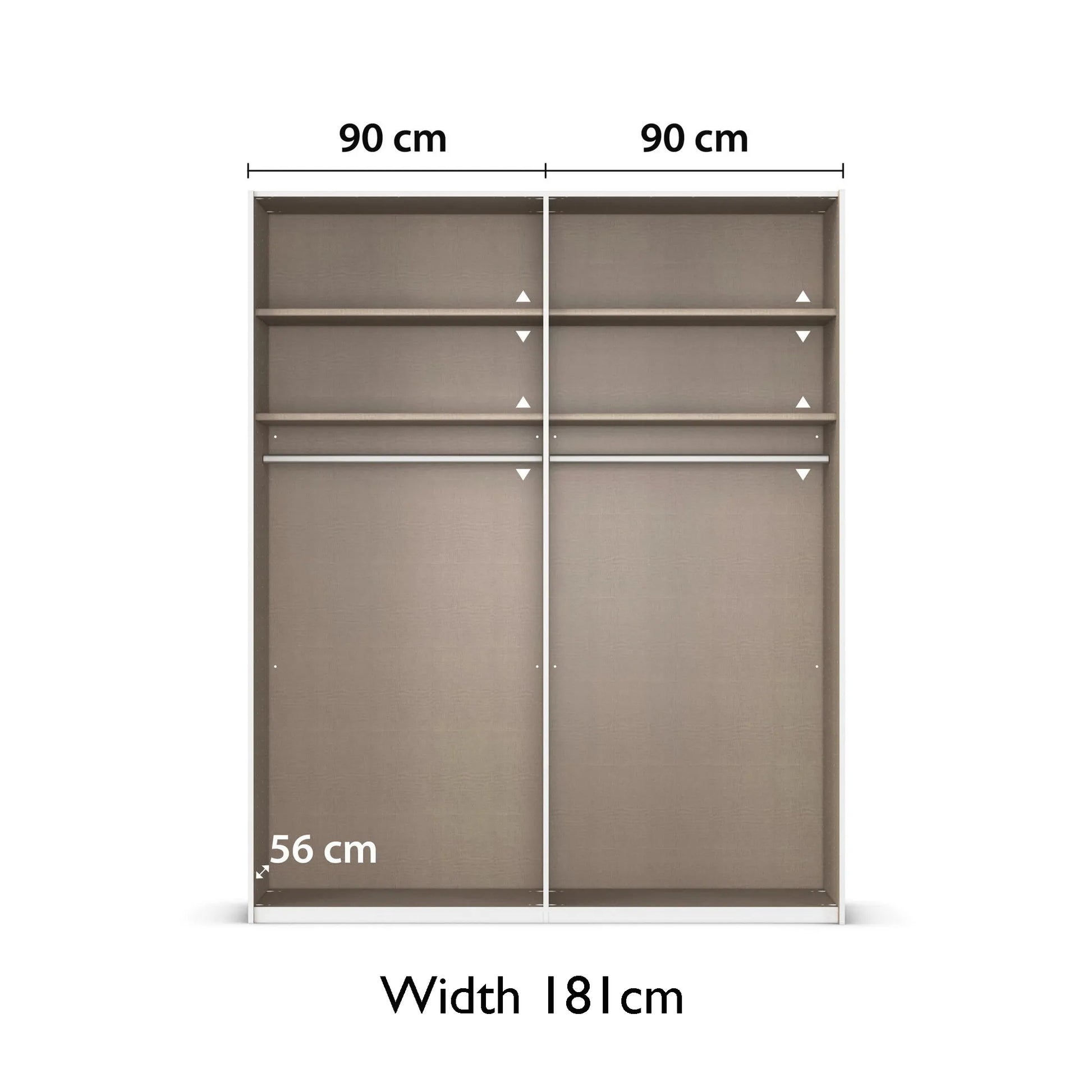 Eve White Sliding Door Wardrobe with Mirror with dimensions labeled on a white background Width 181cm