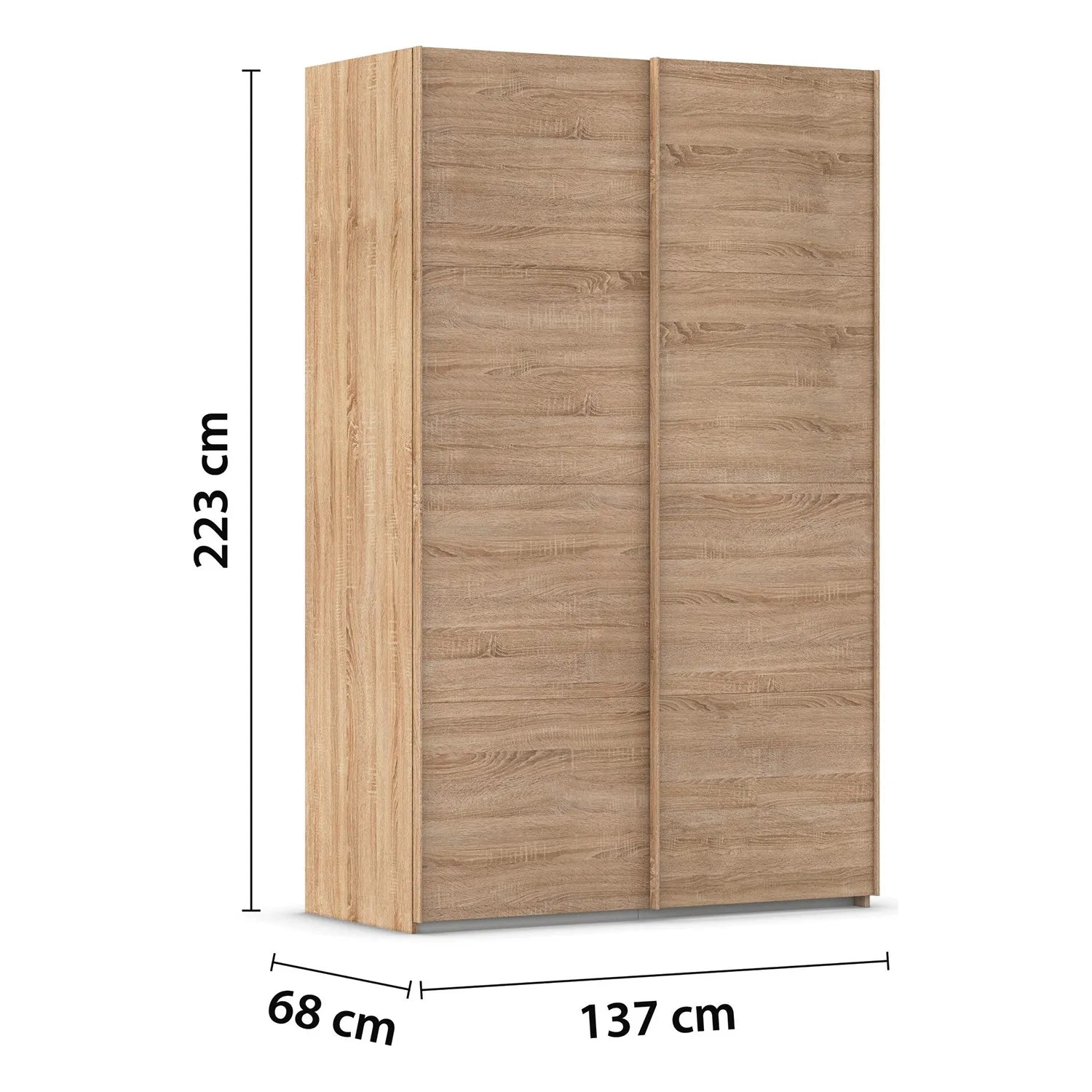 Small 137cm Sliding Wooden wardrobe with dimensions indicated on a white background