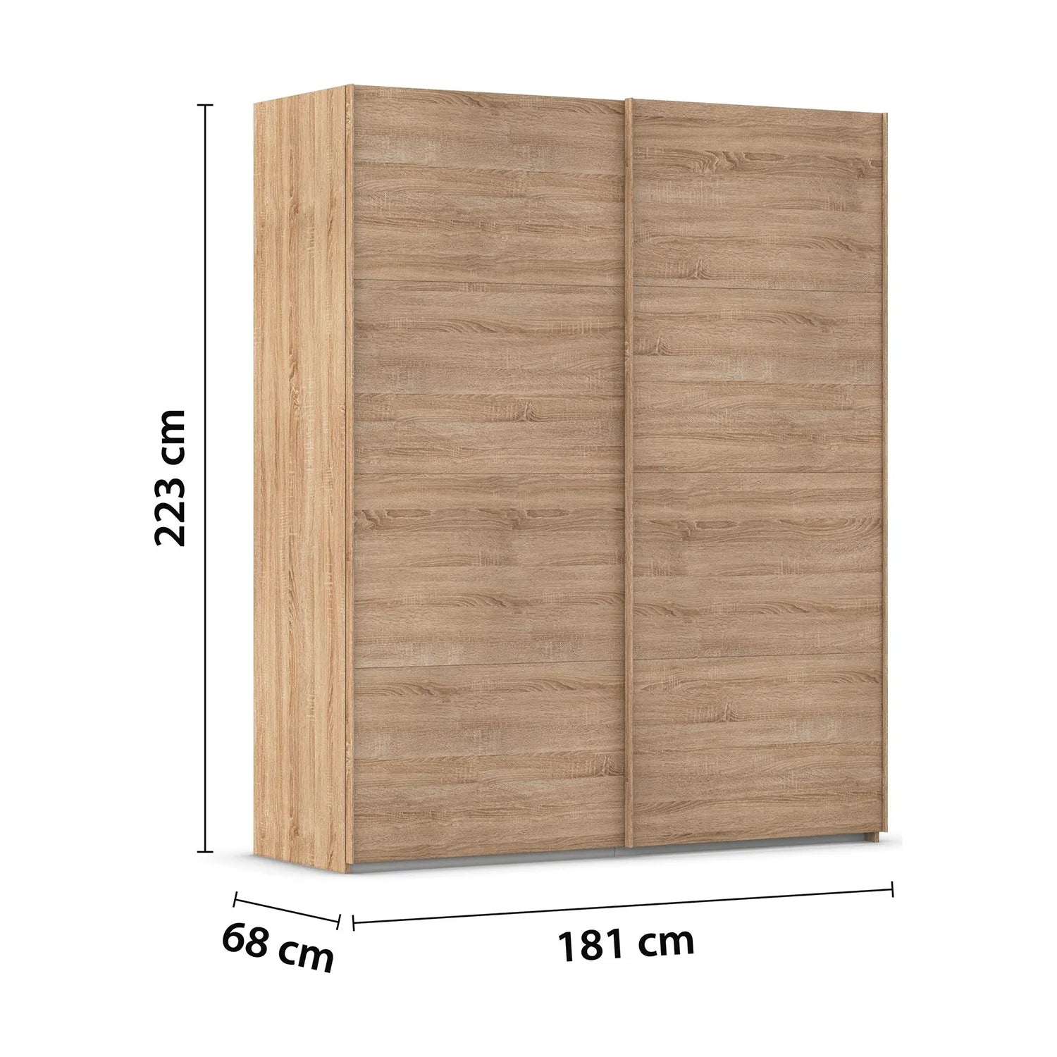 Rauch Standard 181cm Sliding Wooden wardrobe with dimensions on a white background