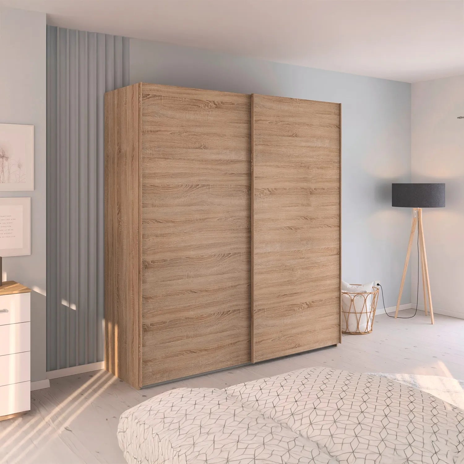 Wooden wardrobe with sliding doors in a bedroom setting