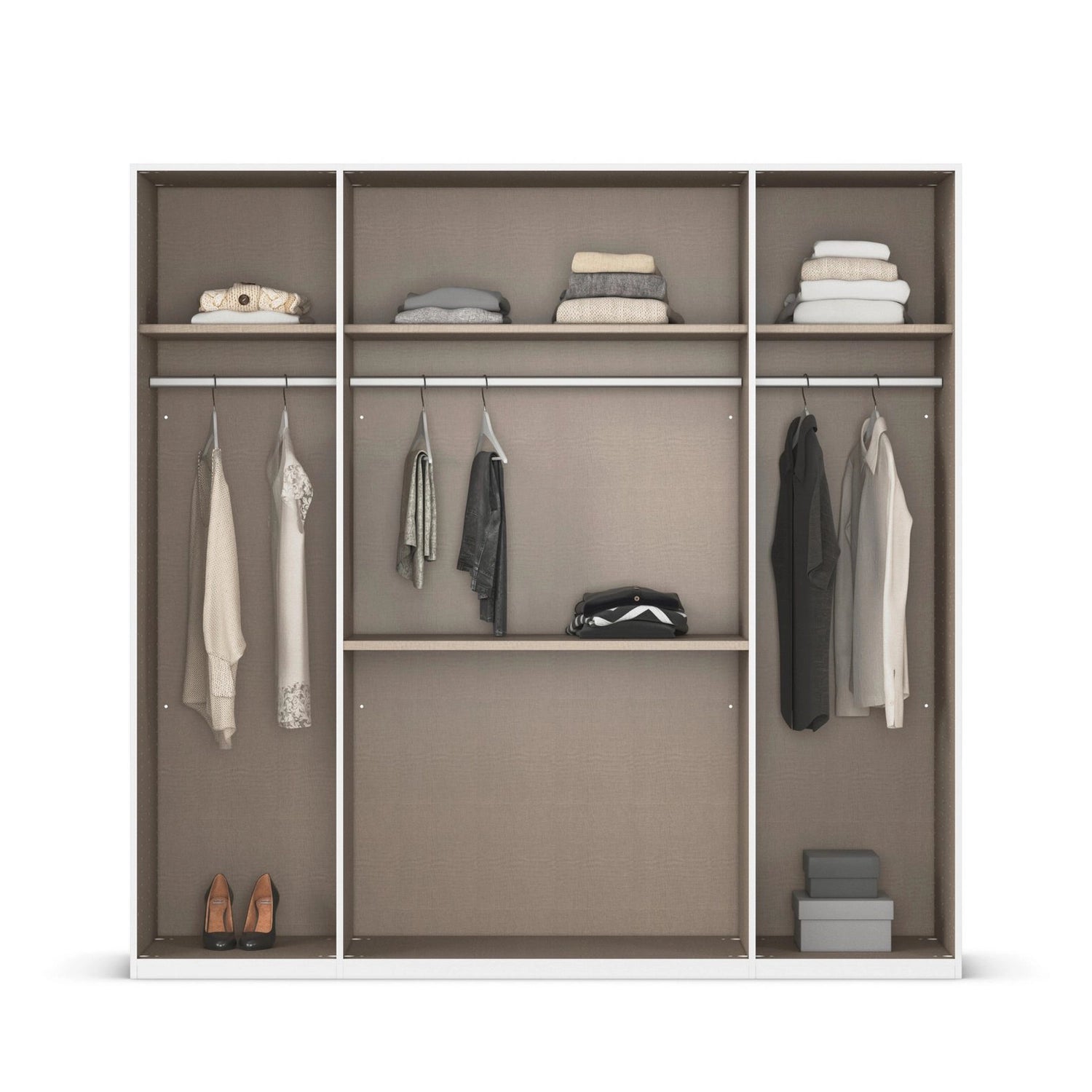 Clothing wardrobe with clothes displayed on hangers.