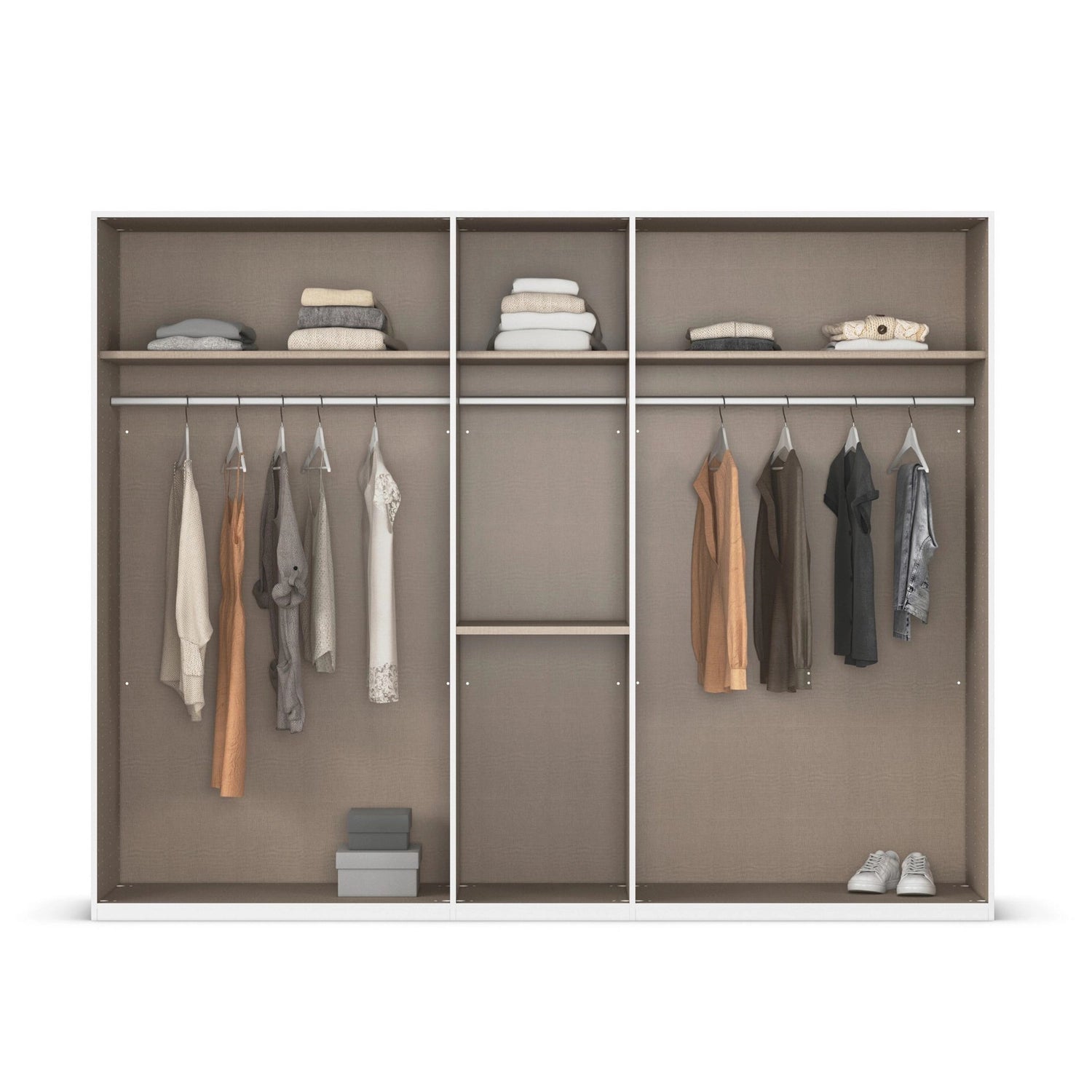 Clothing wardrobe with clothes displayed on hangers.