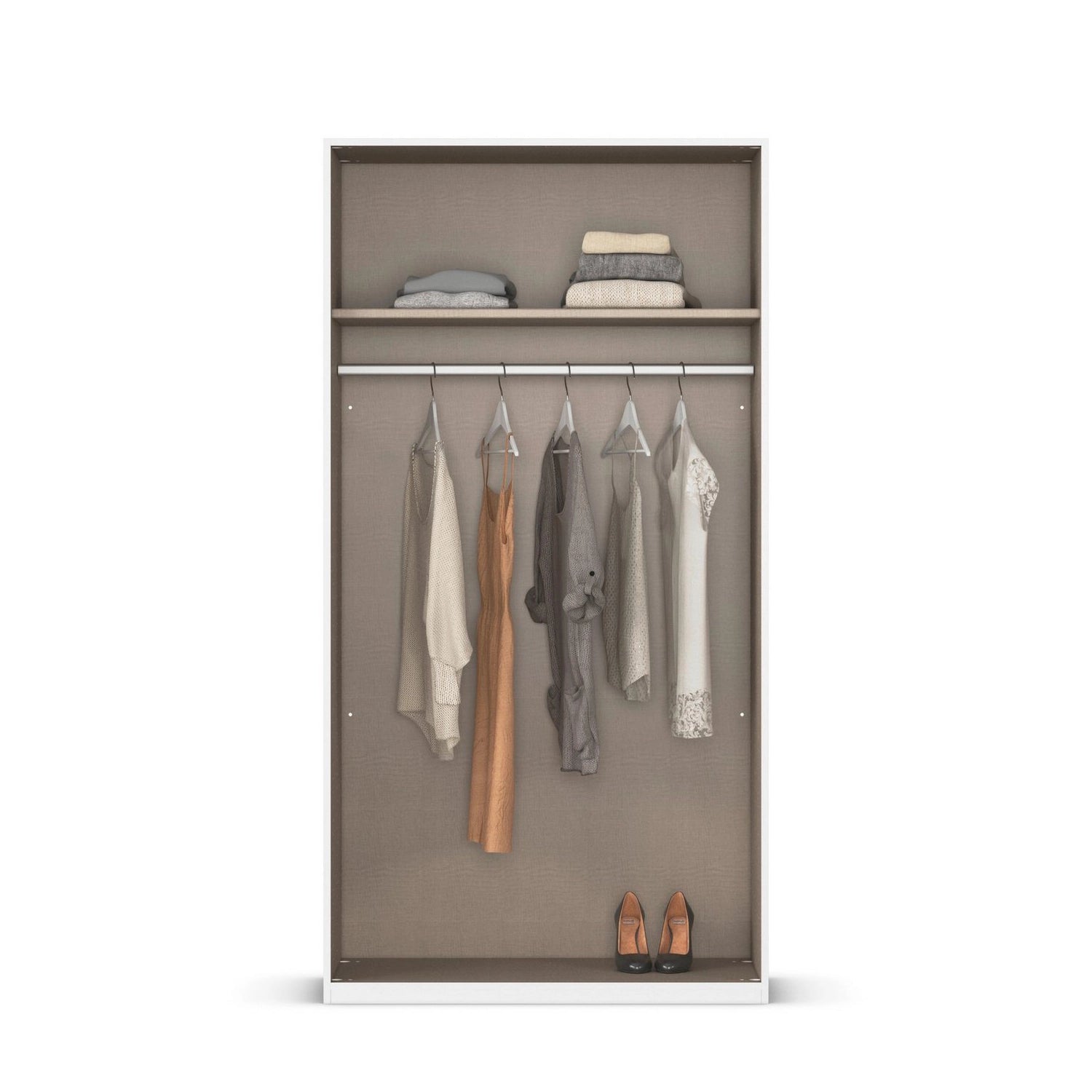 Clothing wardrobe with clothes displayed on hangers.