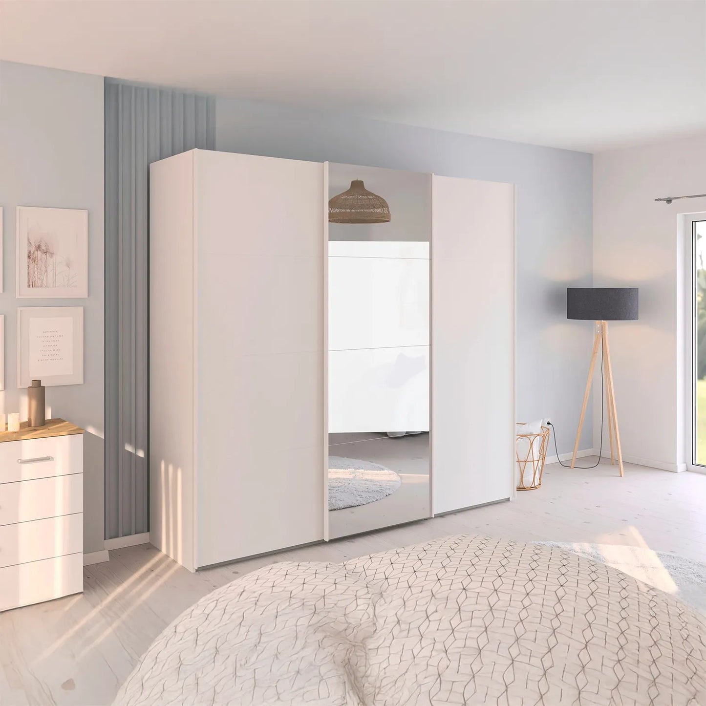 Modern bedroom with a Rauch Eve White 3 Door Sliding Wardrobe with Mirror – 242cm Wide