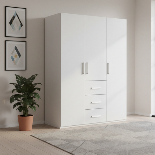 Eve White 3 door 3 Drawers Wardrobe