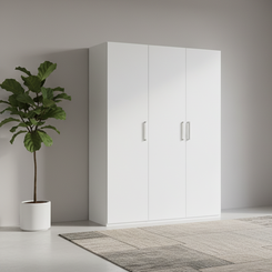 White wardrobe in a minimalistic room with a plant and abstract art on the wall.