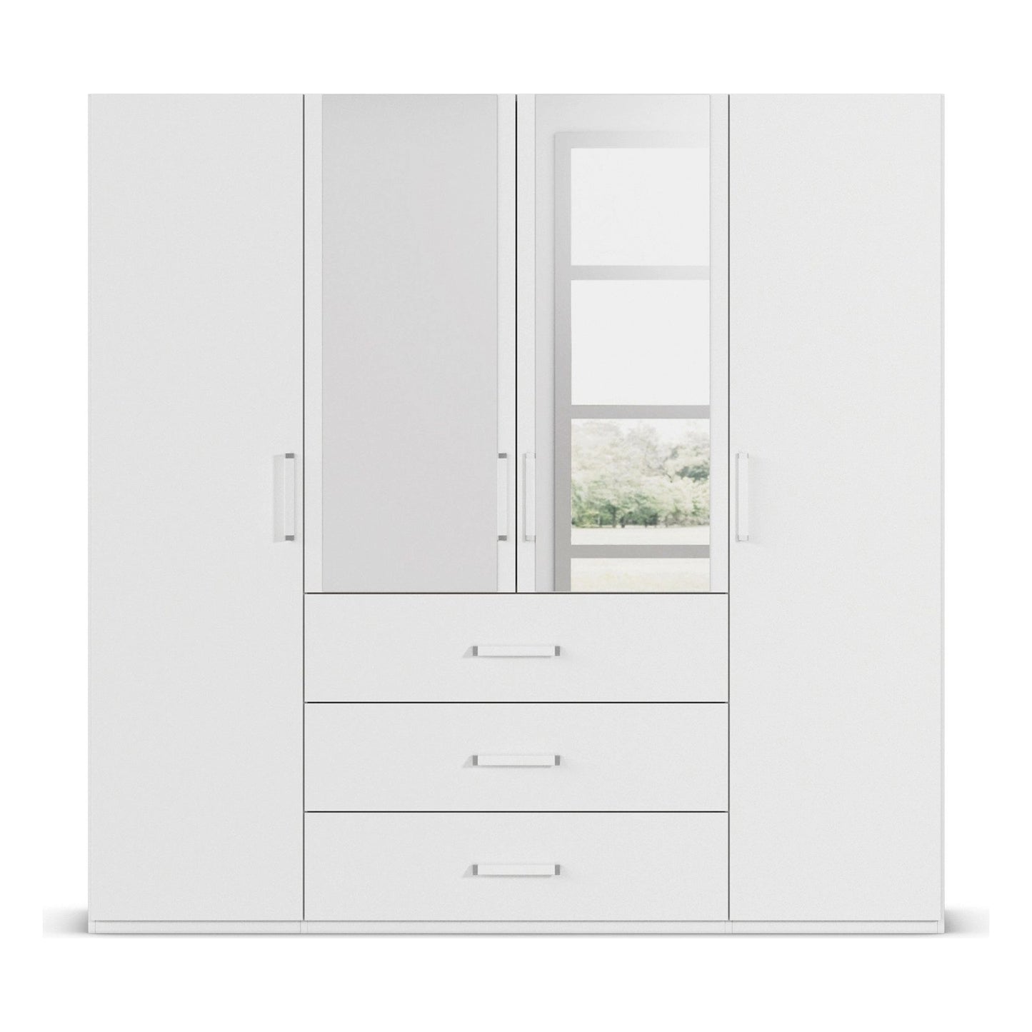 With Mirror 4 Door 3 Drawer White Wardrobe