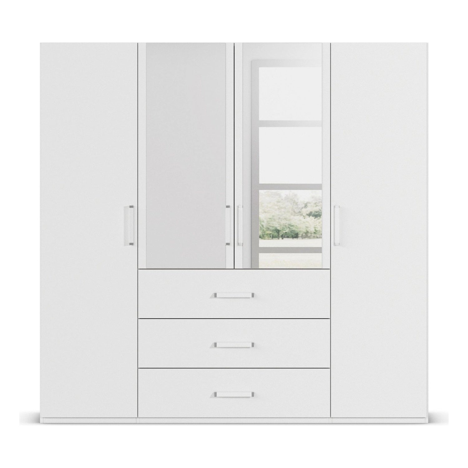 With Mirror 4 Door 3 Drawer White Wardrobe