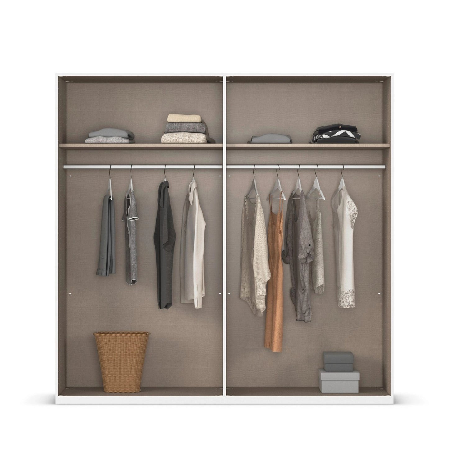 Clothing wardrobe with clothes displayed on hangers.