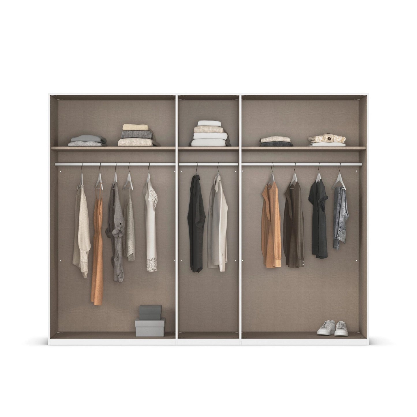 Clothing wardrobe with clothes displayed on hangers.