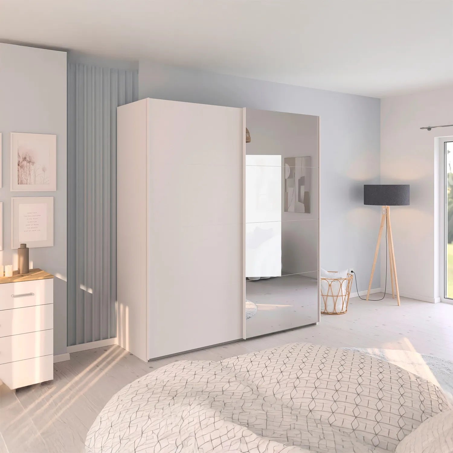Modern bedroom with a 201cm Wide Eve White Sliding Door Wardrobe with Mirror