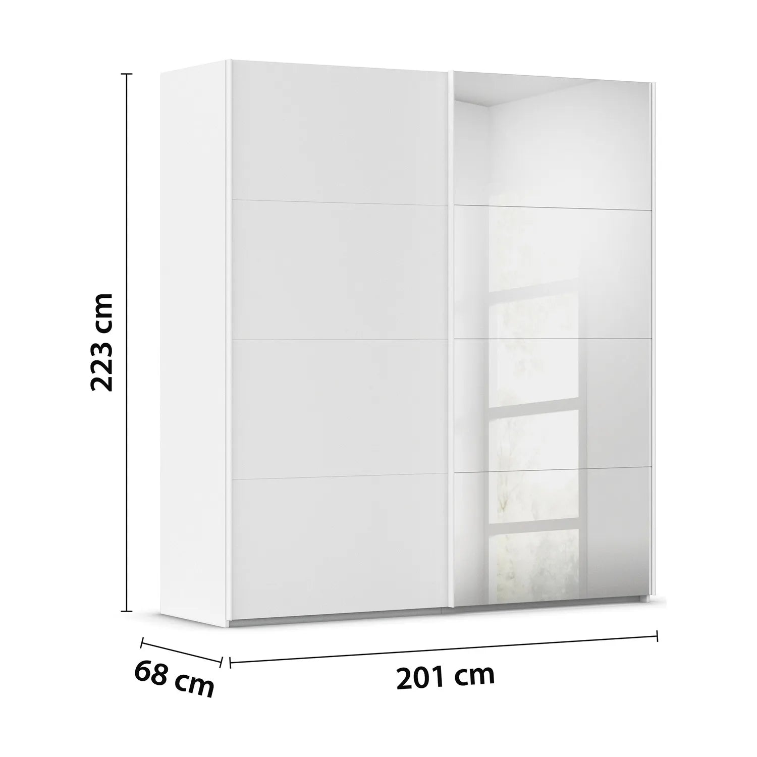 200cm Wide Eve White Sliding Door Wardrobe with Mirror with dimensions labeled on a white background
