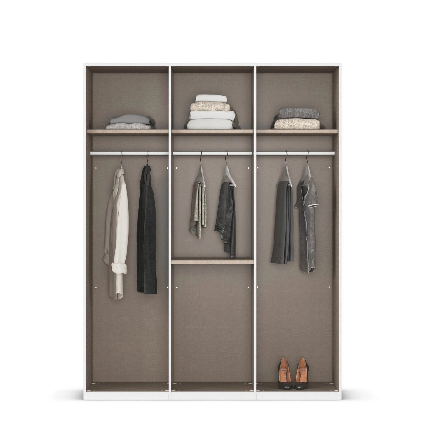 Clothing wardrobe with clothes displayed on hangers.