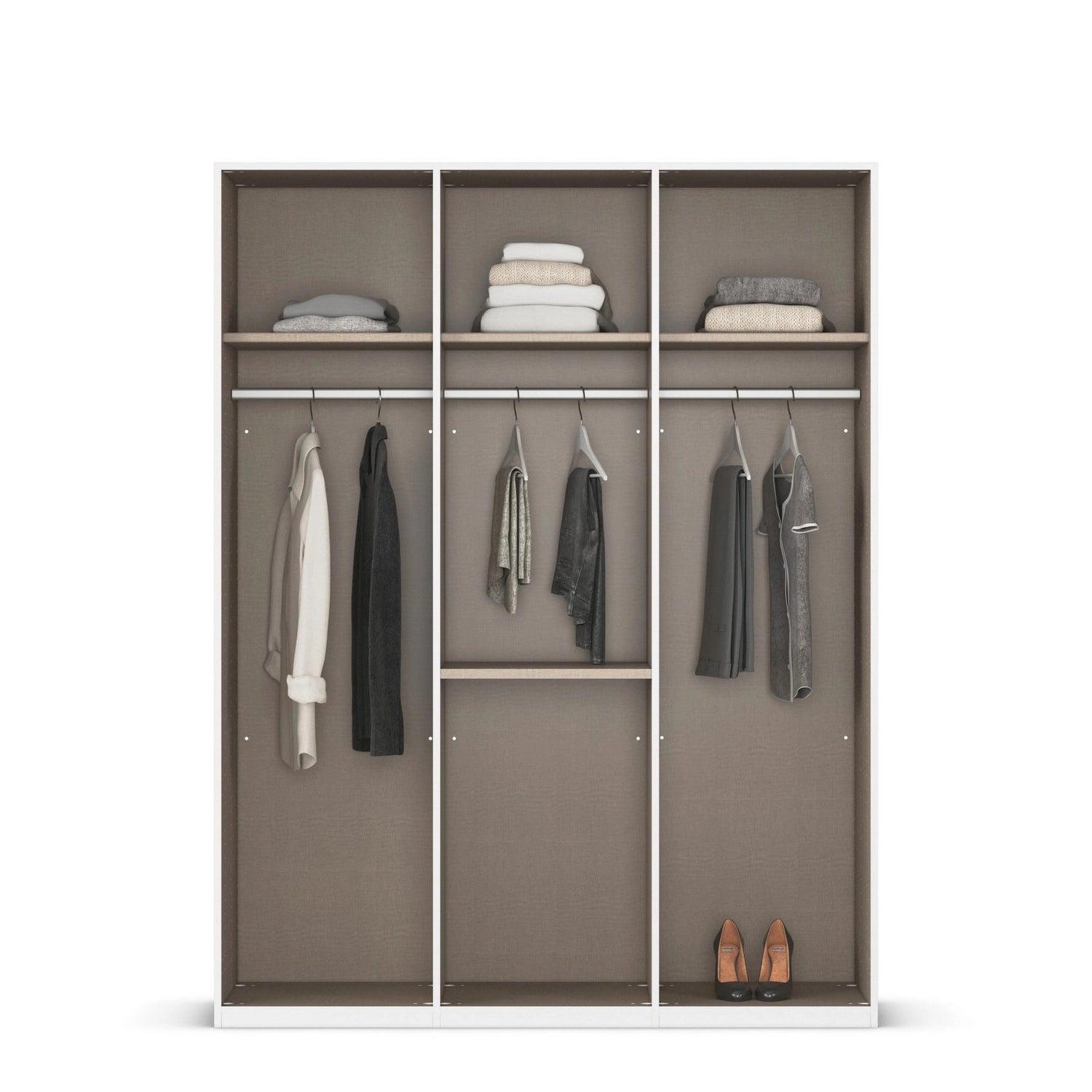 Clothing wardrobe with clothes displayed on hangers.