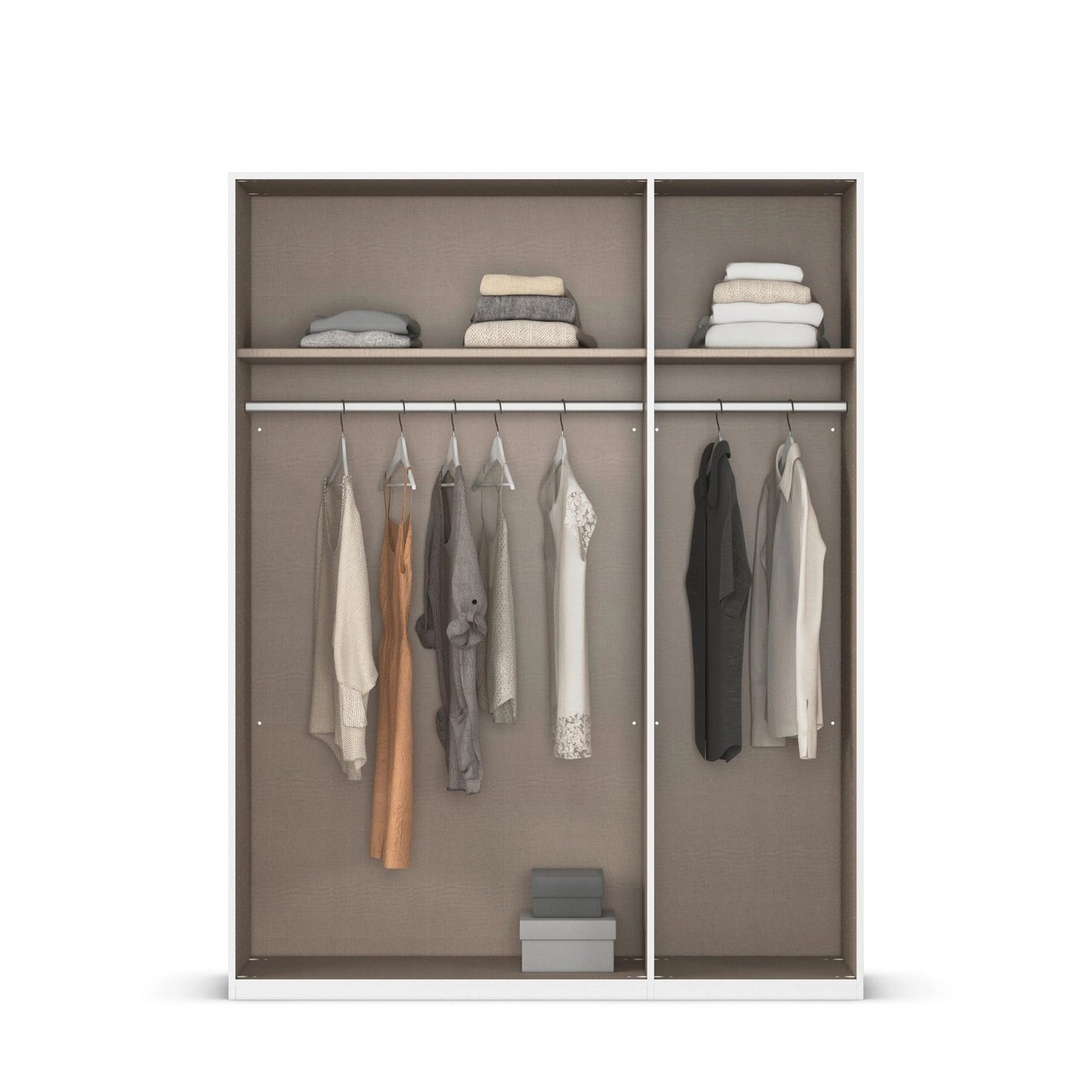 Clothing wardrobe with clothes displayed on hangers.