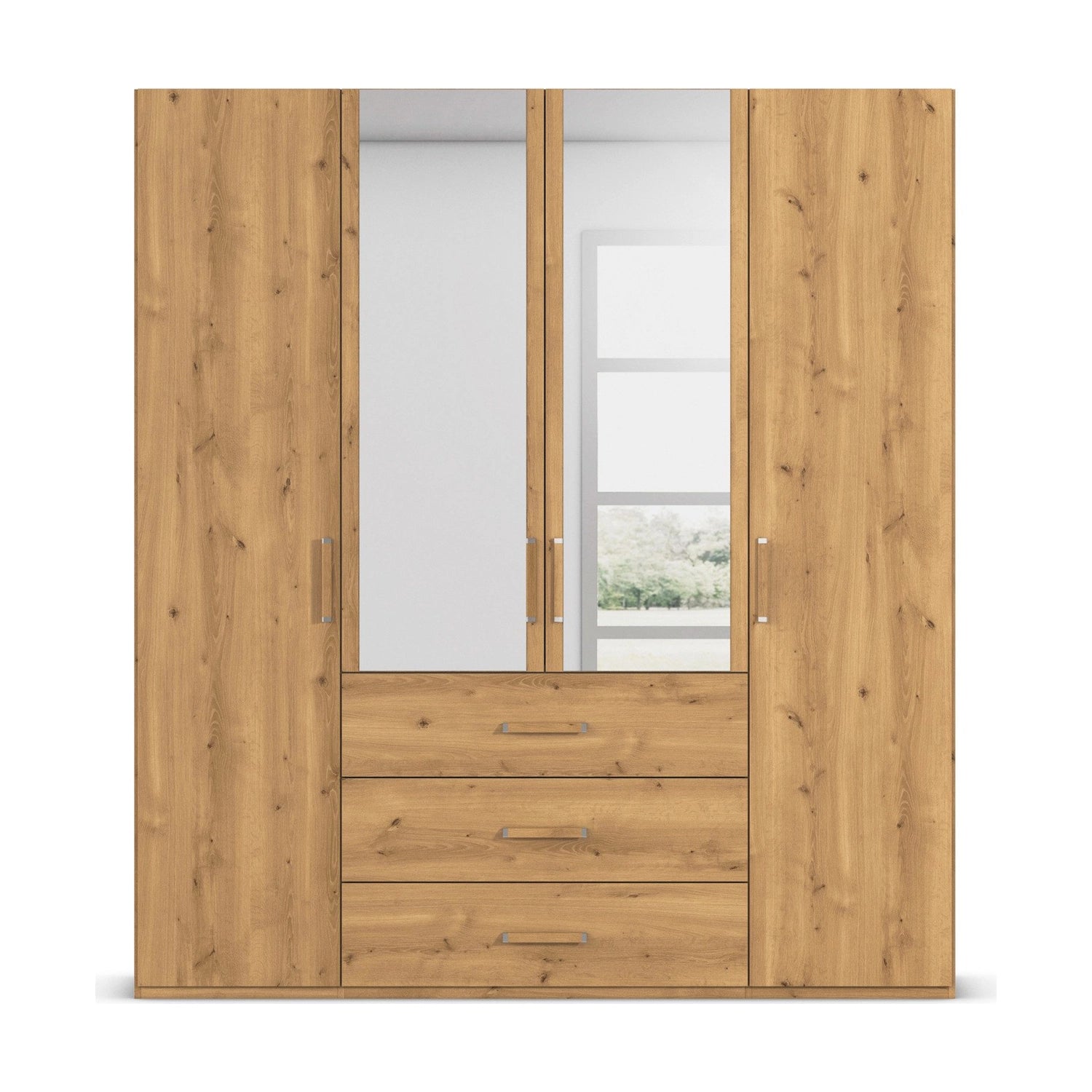 With Mirror 4 Door 3 Drawer Wild Oak Wardrobe