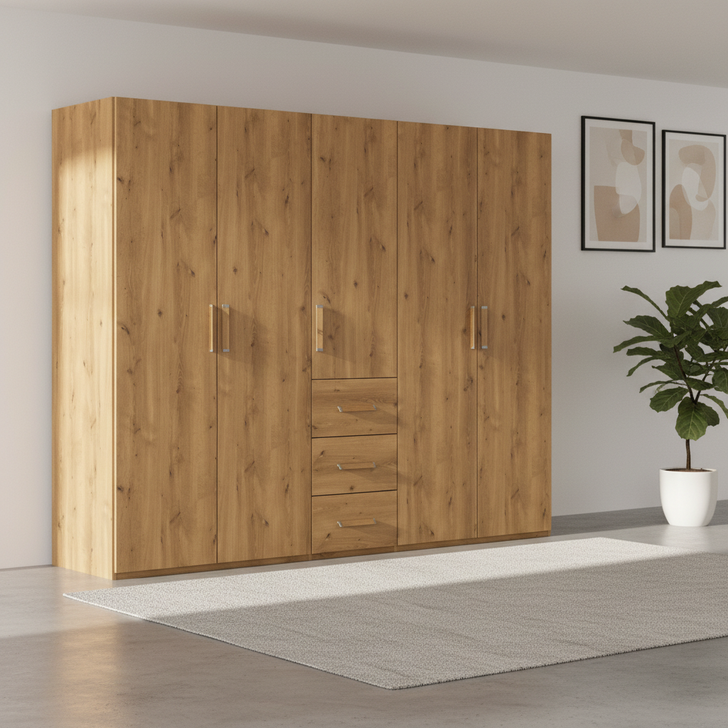A tall wooden wardrobe with five doors and three drawers, featuring a natural oak wood grain finish and slim silver handles, shown in a modern room setting with a white rug and a potted plant.