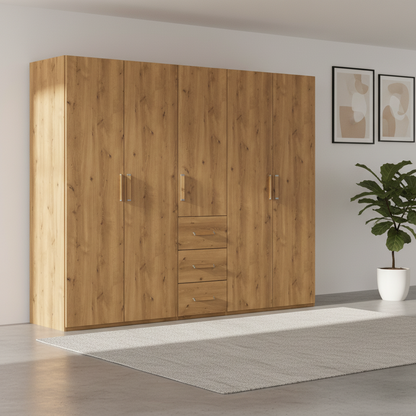 A tall wooden wardrobe with five doors and three drawers, featuring a natural oak wood grain finish and slim silver handles, shown in a modern room setting with a white rug and a potted plant.