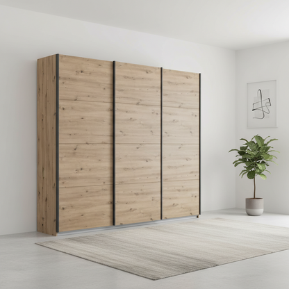German-made Rauch Forms 3 door sliding wardrobe in Artisan Oak with graphite bar handles. 203cm or 271cm wide, two heights. Free delivery.
