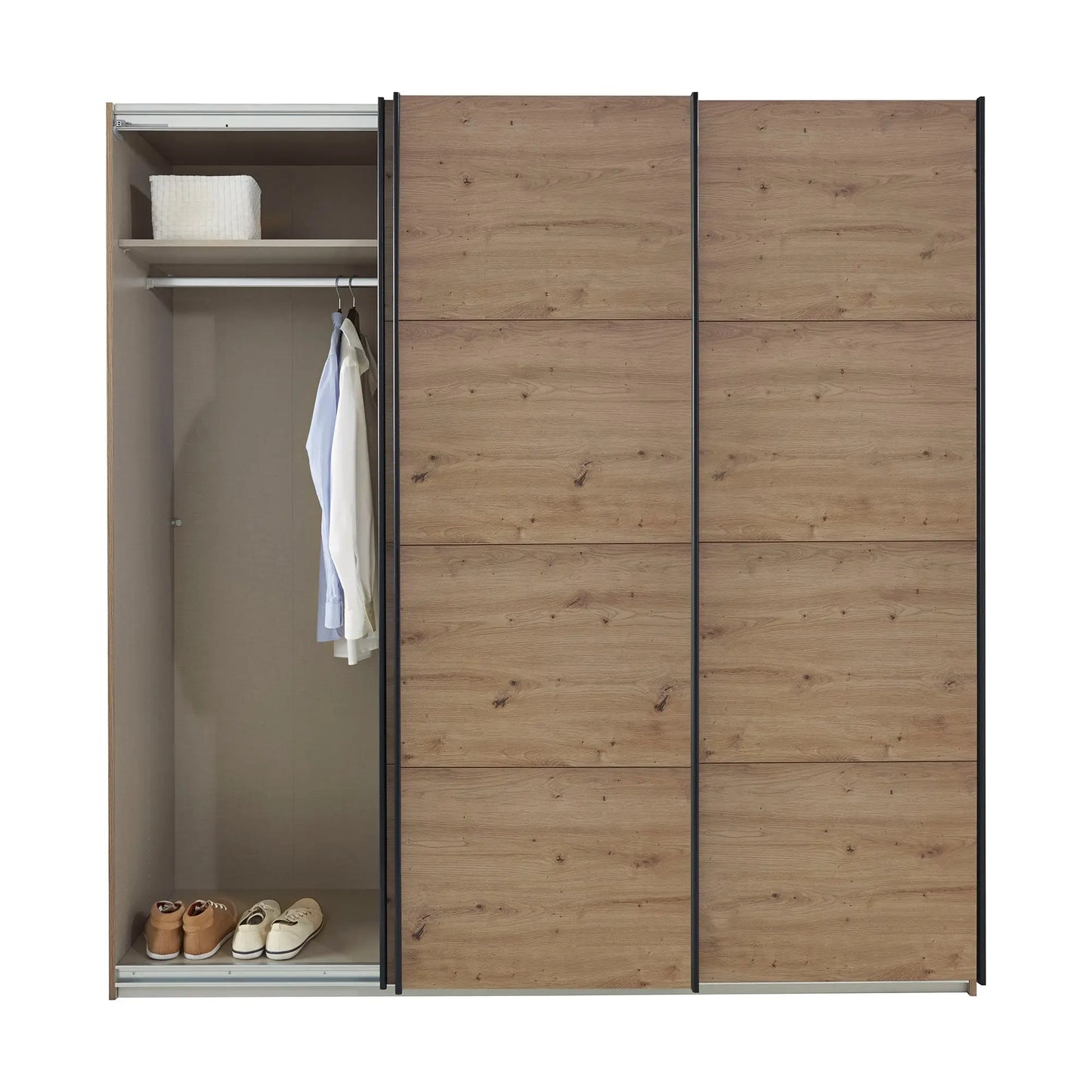 Forms Artisan Oak 3 Door Sliding Wardrobe - Interior view Styled in a Bedroom