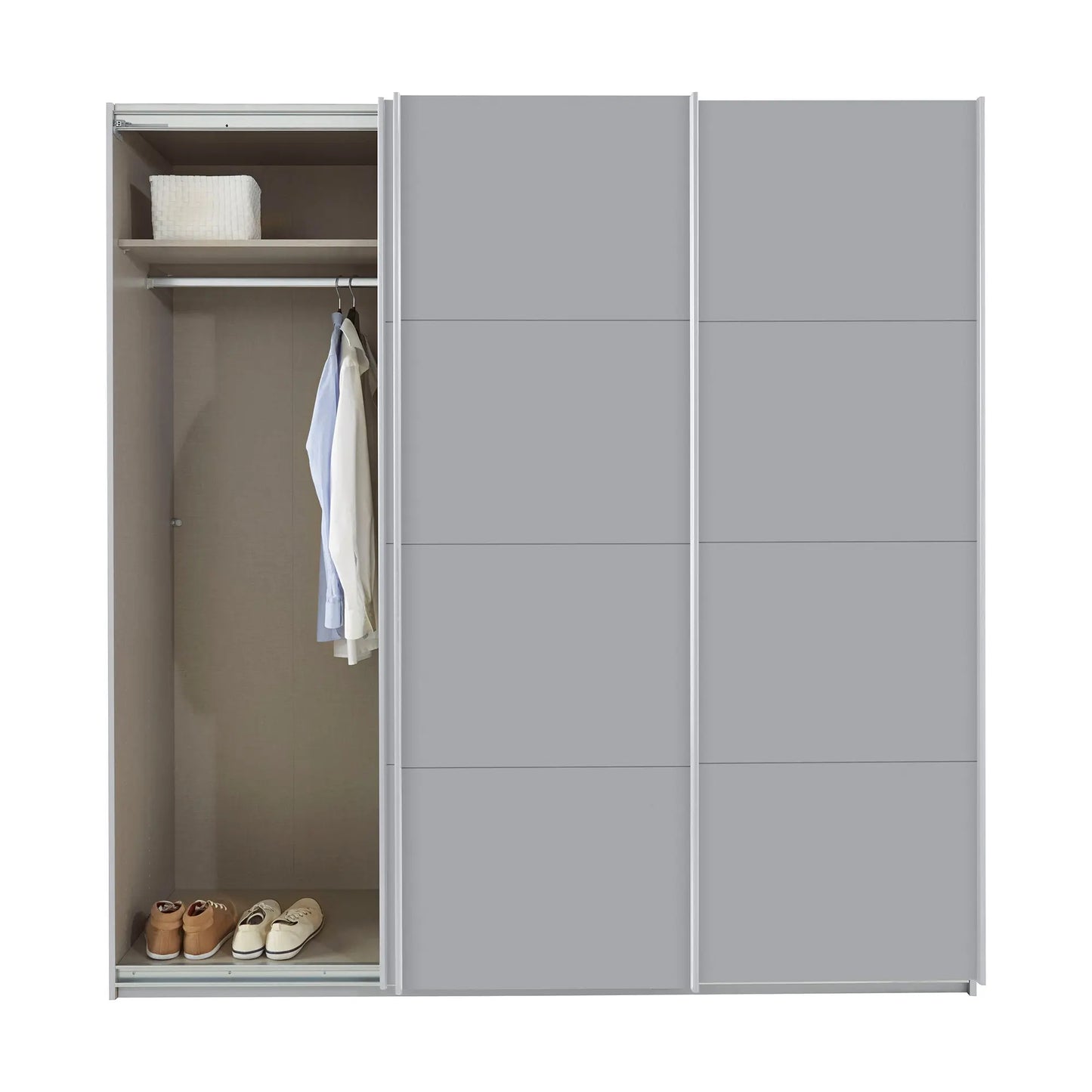 Forms Decor Silk Grey 3 Door Sliding Wardrobe - Interior view Styled in a Living Area