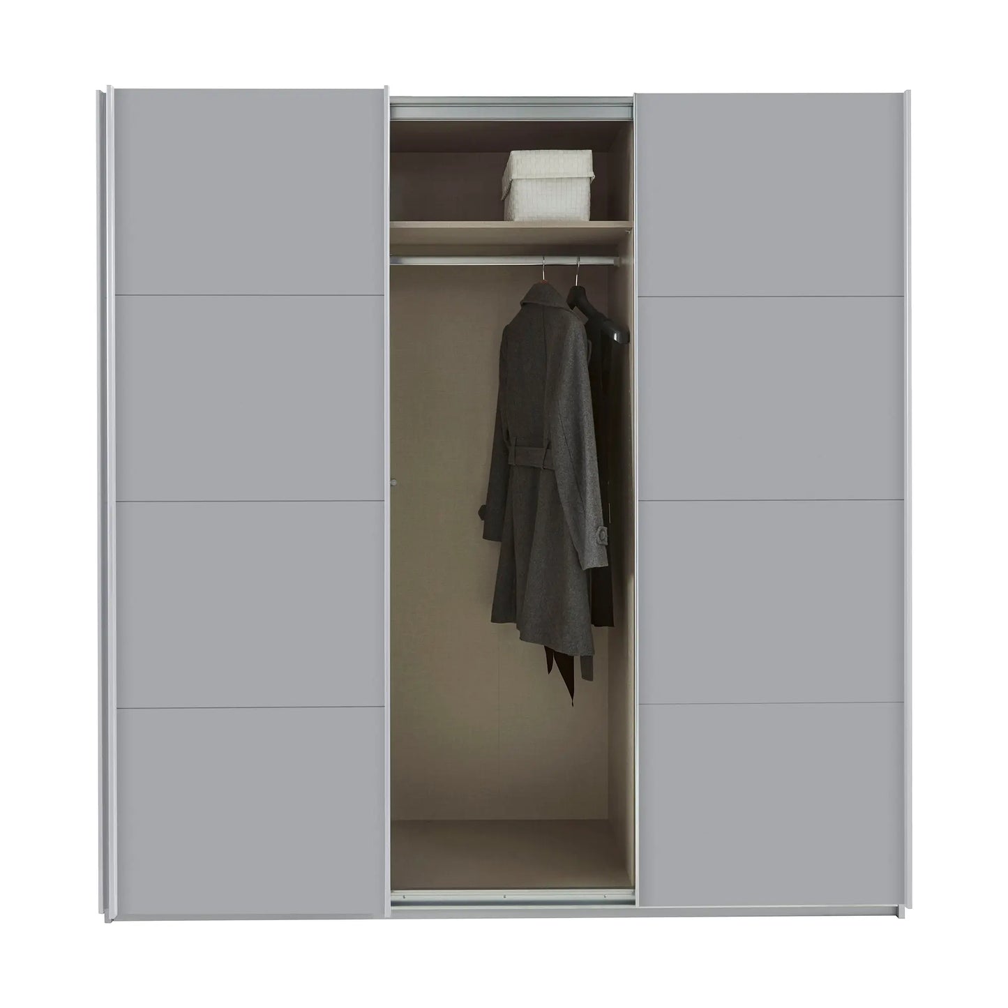 Forms Decor Silk Grey 3 Door Sliding Wardrobe - Interior view Styled in a Living Area