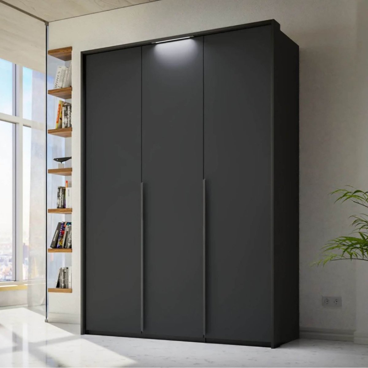 Frans 151cm Decor 3 Door Hinged Wardrobe in Graphite - Passepartout Frame with Lights