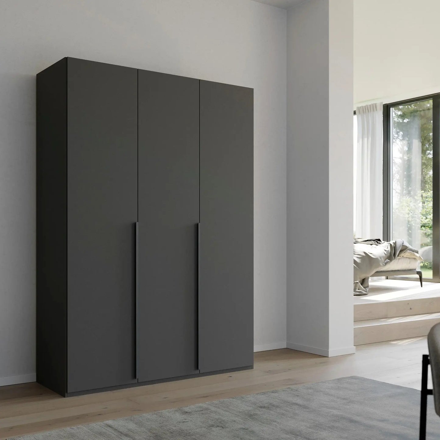 Frans 151cm Decor 3 Door Hinged Wardrobe in Graphite - Styled in a Bedroom