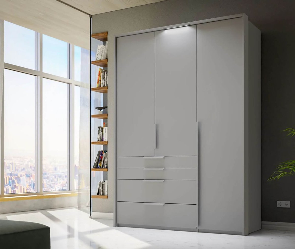 Frans 151cm Decor 3 Door Wardrobe With Drawers in Silk Grey - Passepartout Frame with Lights