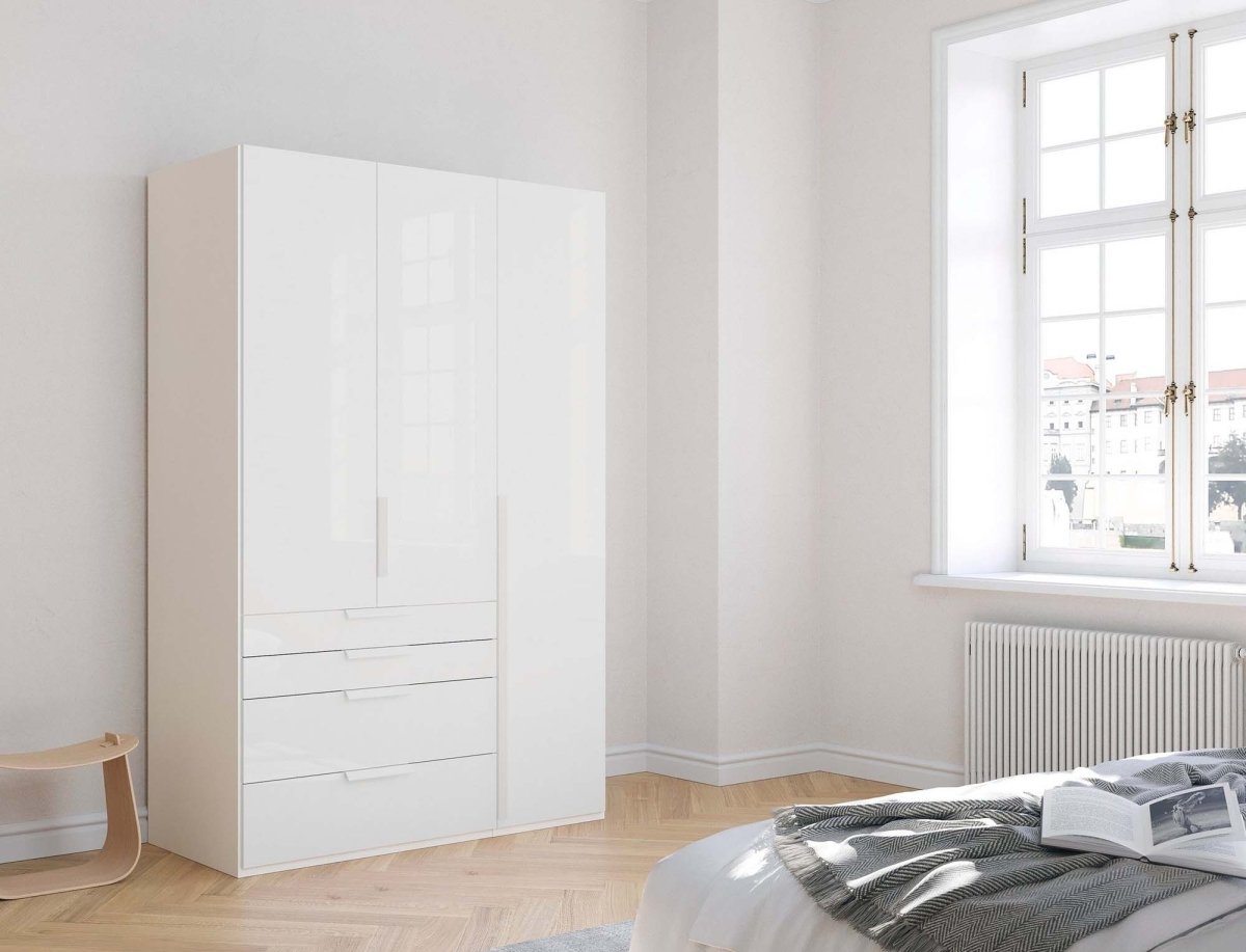 Frans 151cm Glass 3 Door Wardrobe With Drawers in White - Styled in a Bedroom