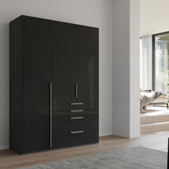 Frans 151cm Glass 3 Door Wardrobe With Drawers in Basalt Glass - Styled in a Bedroom