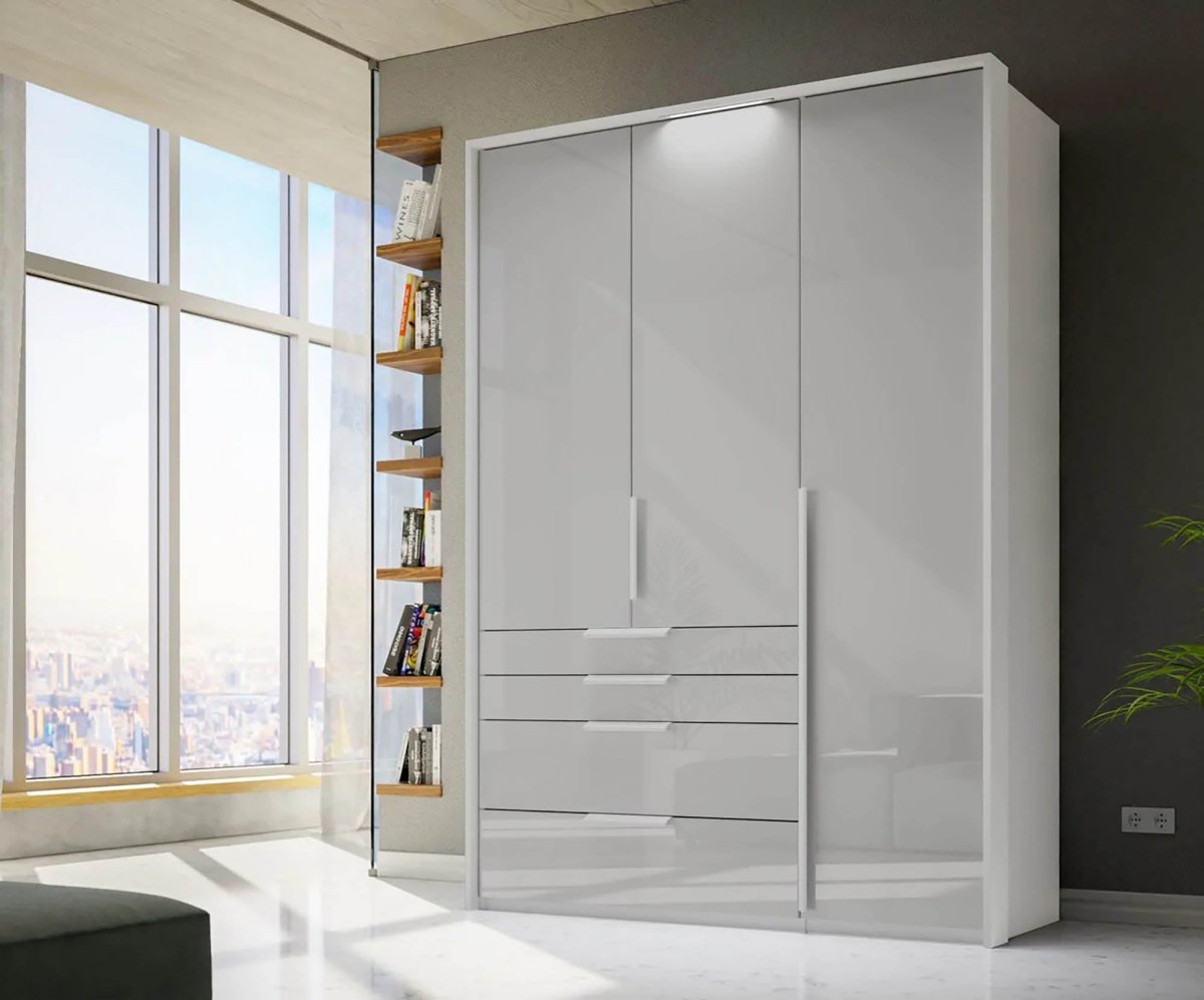 Frans 151cm Glass 3 Door Wardrobe With Drawers in White - Passepartout Frame with Lights
