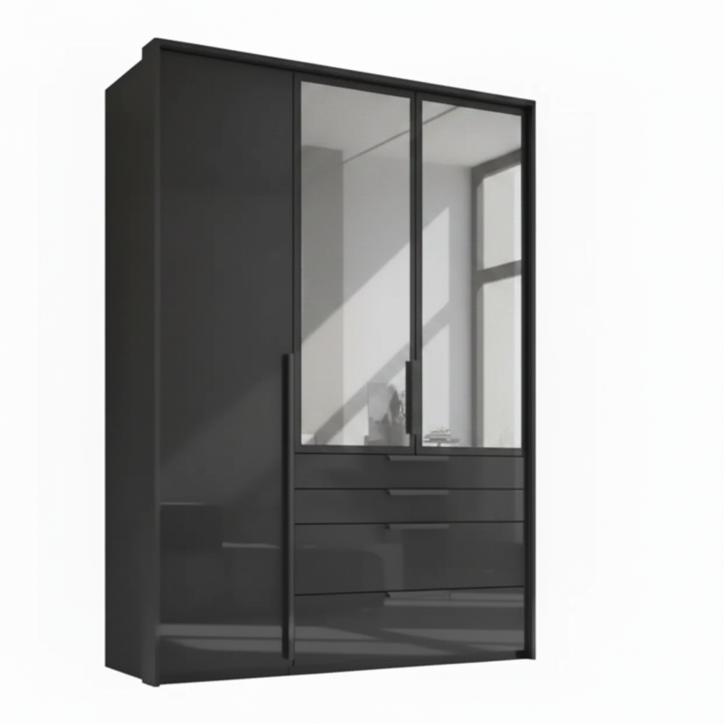 Rauch Frans 151cm Graphite Glass 3 door wardrobe with 4 exterior drawers, Mirror and Passepartout Frame