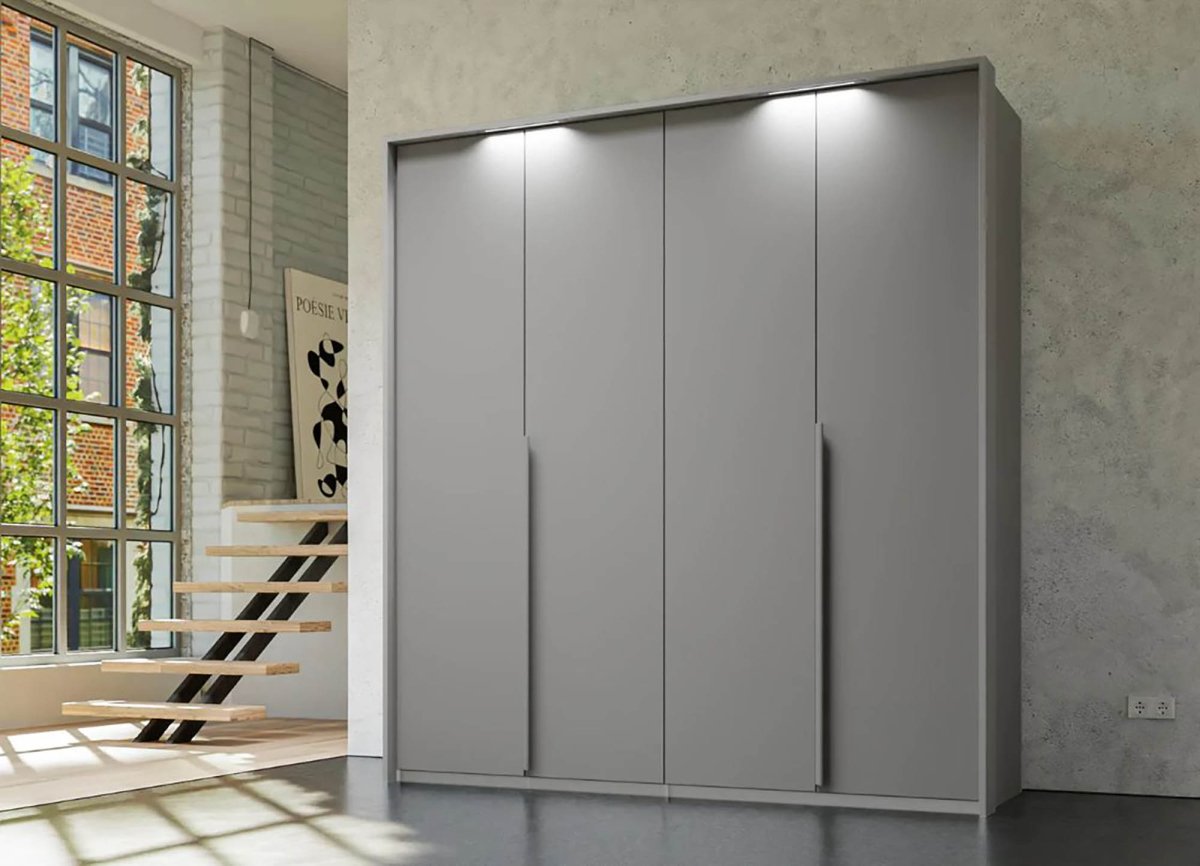 Frans 200cm Decor 4 Door Hinged Wardrobe in Silk Grey - Passepartout Frame with Lights