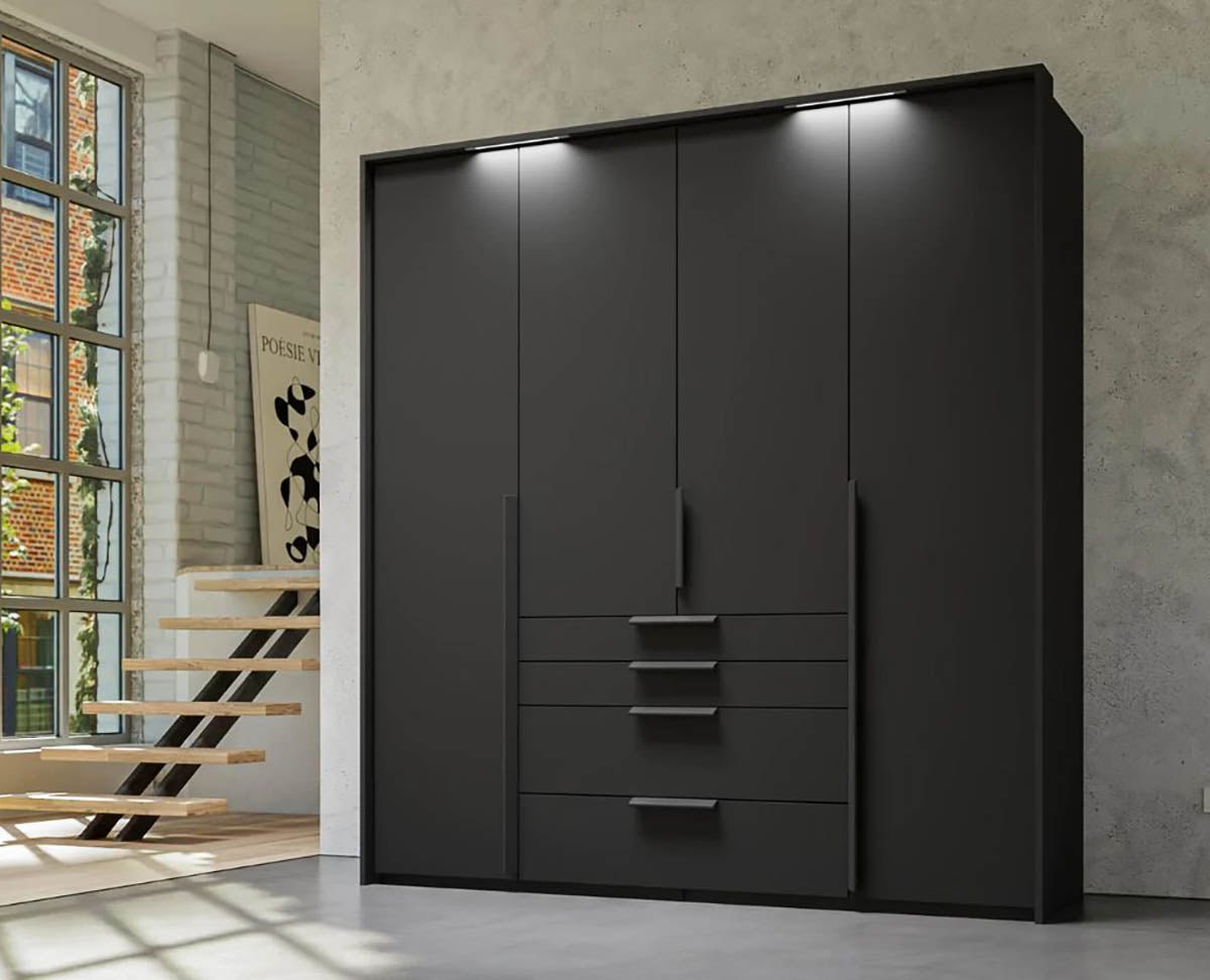 Frans 200cm Decor 4 Door Wardrobe with Drawers in Graphite - Passepartout Frame with Lights