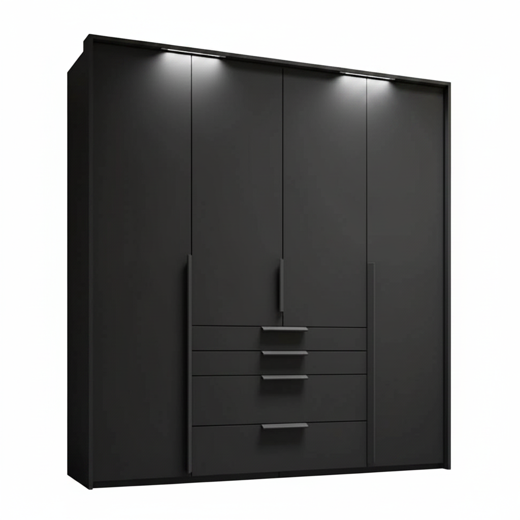 Rauch Frans 201cm Graphite 4 door wardrobe with exterior drawers and Passepartout Light Frame.