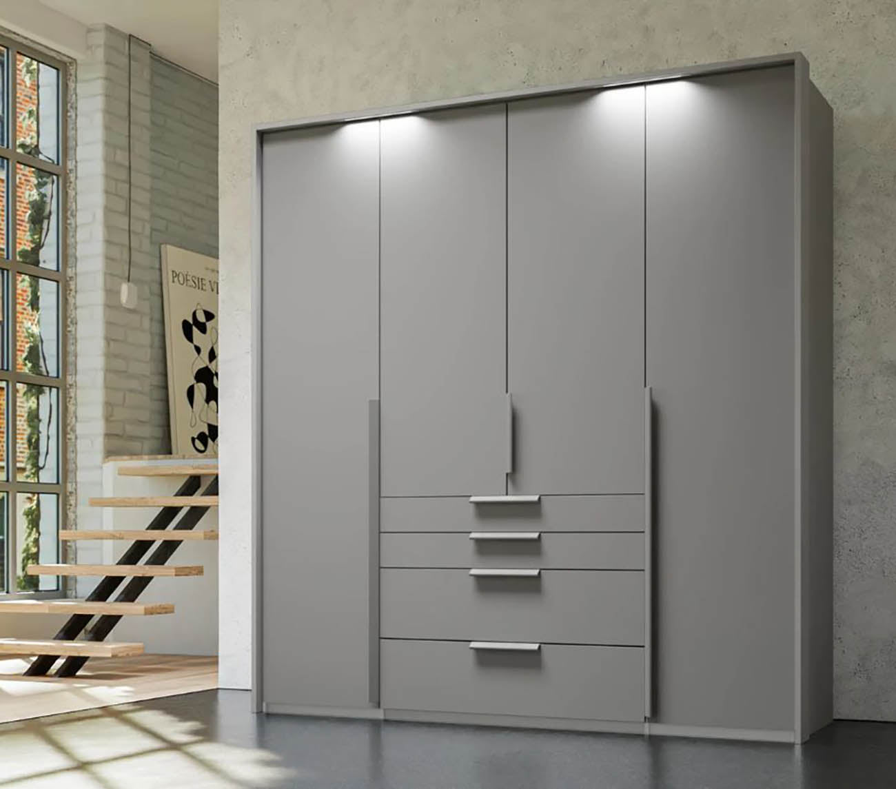 FFrans 200cm Decor 4 Door Wardrobe with Drawers in Silk Grey - Passepartout Frame with Lights