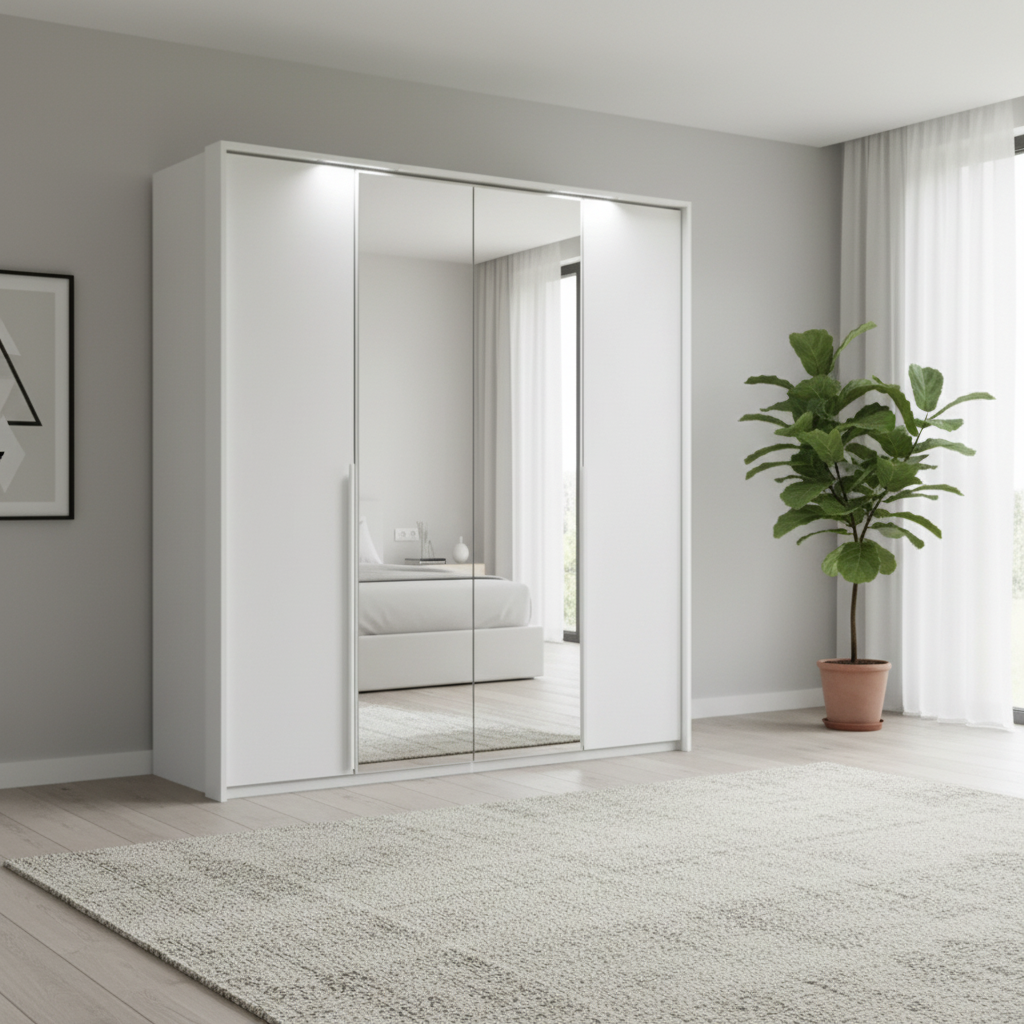 Rauch Frans 201cm White 4 Door Hinged Wardrobe with Mirror, Passepartout Light Frame and Premium Interior