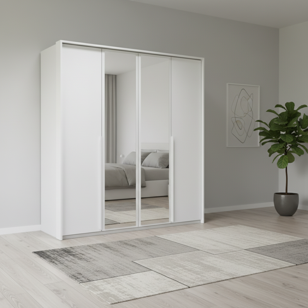 Rauch Frans 201cm White 4 Door Hinged Wardrobe with Mirror, Passepartout Frame and Premium Interior