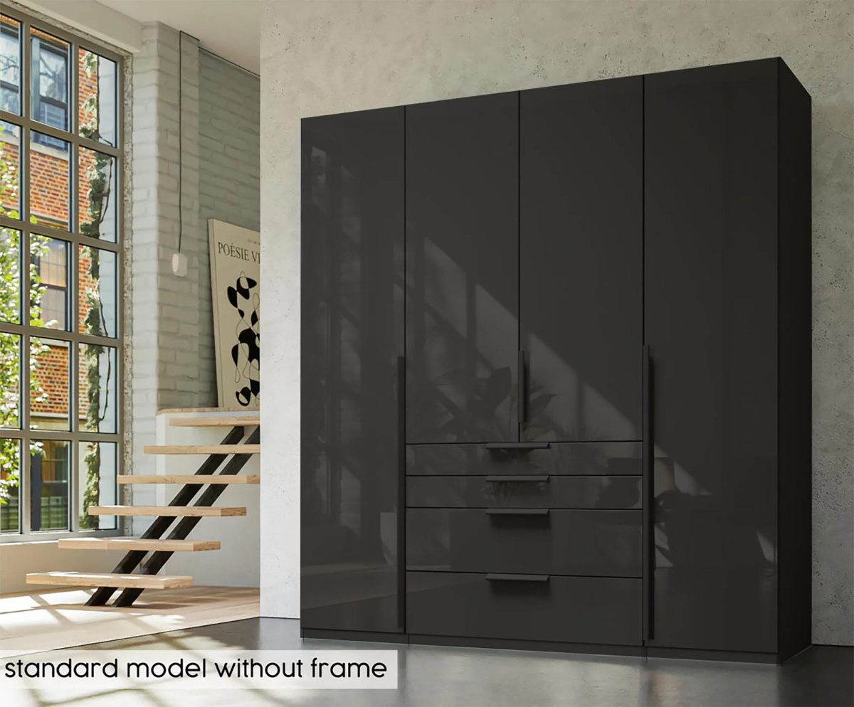 Frans 200cm Glass 4 Door Wardrobe with Drawers in Graphite - Styled in a Living Room