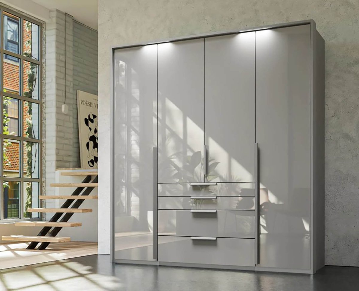Frans 200cm Glass 4 Door Wardrobe with Drawers in Silk Grey - Styled in a Living Room