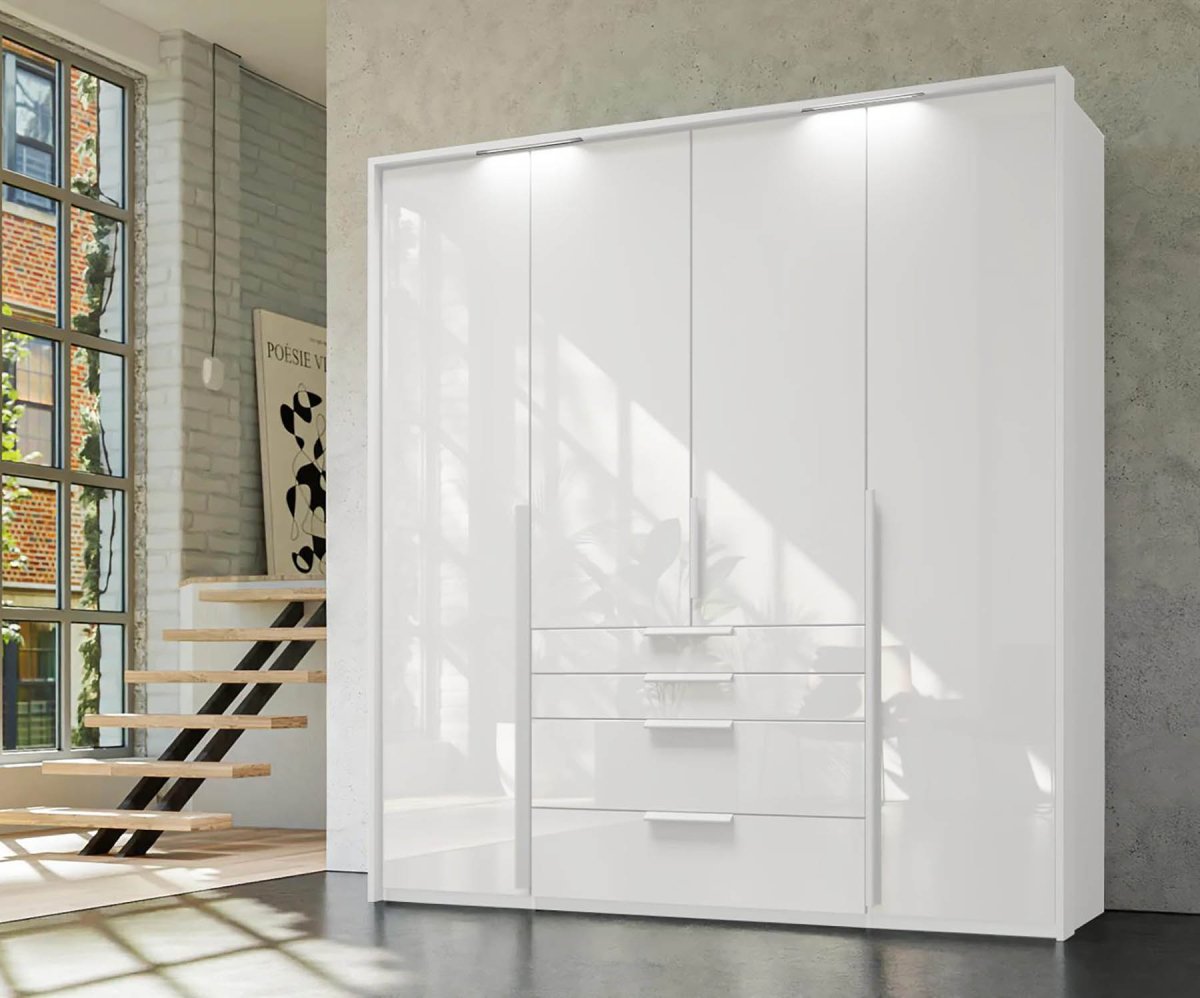Frans 200cm Glass 4 Door Wardrobe with Drawers in White - Styled in a Living Room