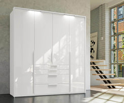 Frans 200cm Glass 4 Door Wardrobe with Drawers in White - Styled in a Living Room