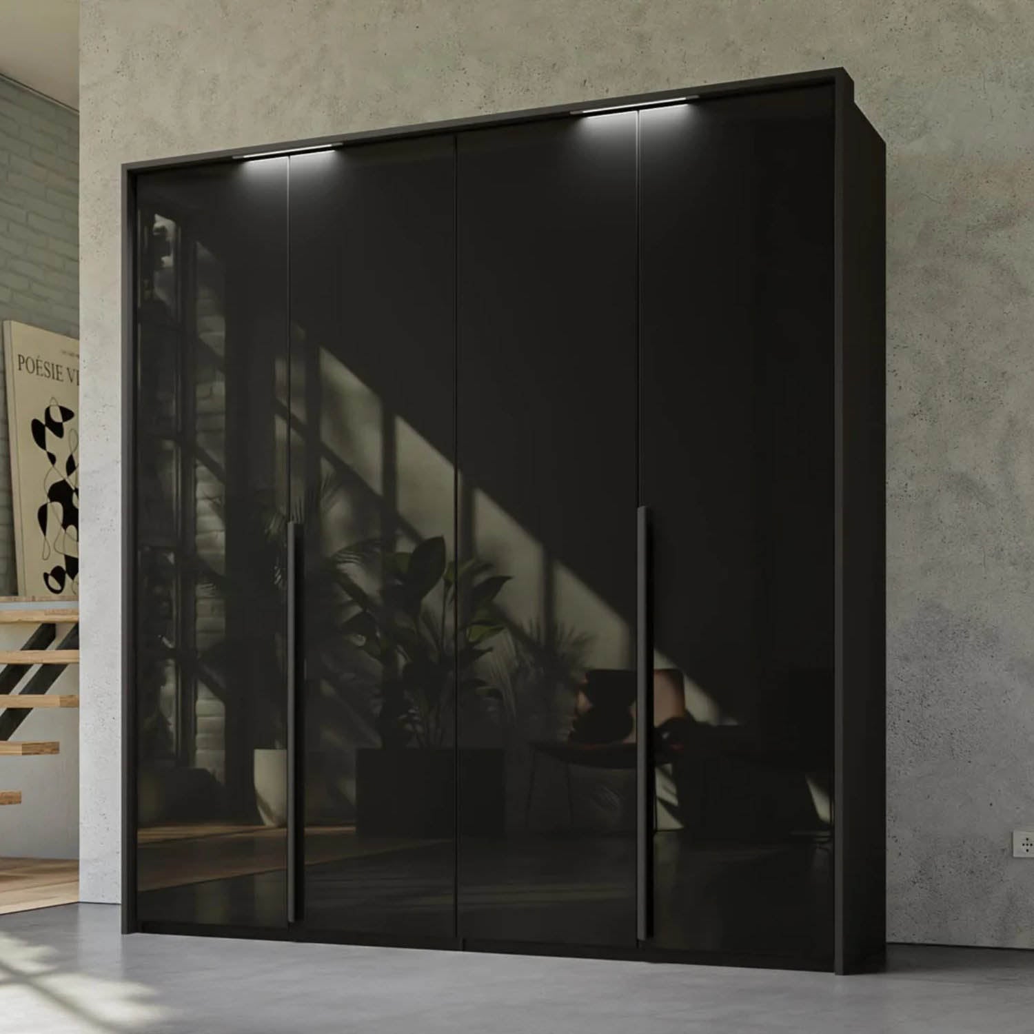 Frans 200cm 4 Door Wardrobe in Silk Graphite Glass - Styled in a Bedroom