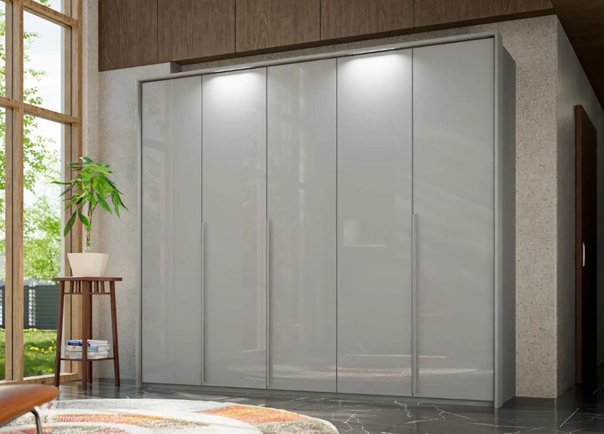 Frans 250cm 5 Door Wardrobe in Silk Grey Glass - Passepartout Frame with Lights