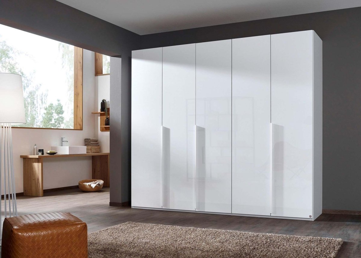 Frans 250cm 5 Door Wardrobe in White Glass - Styled in a Bedroom