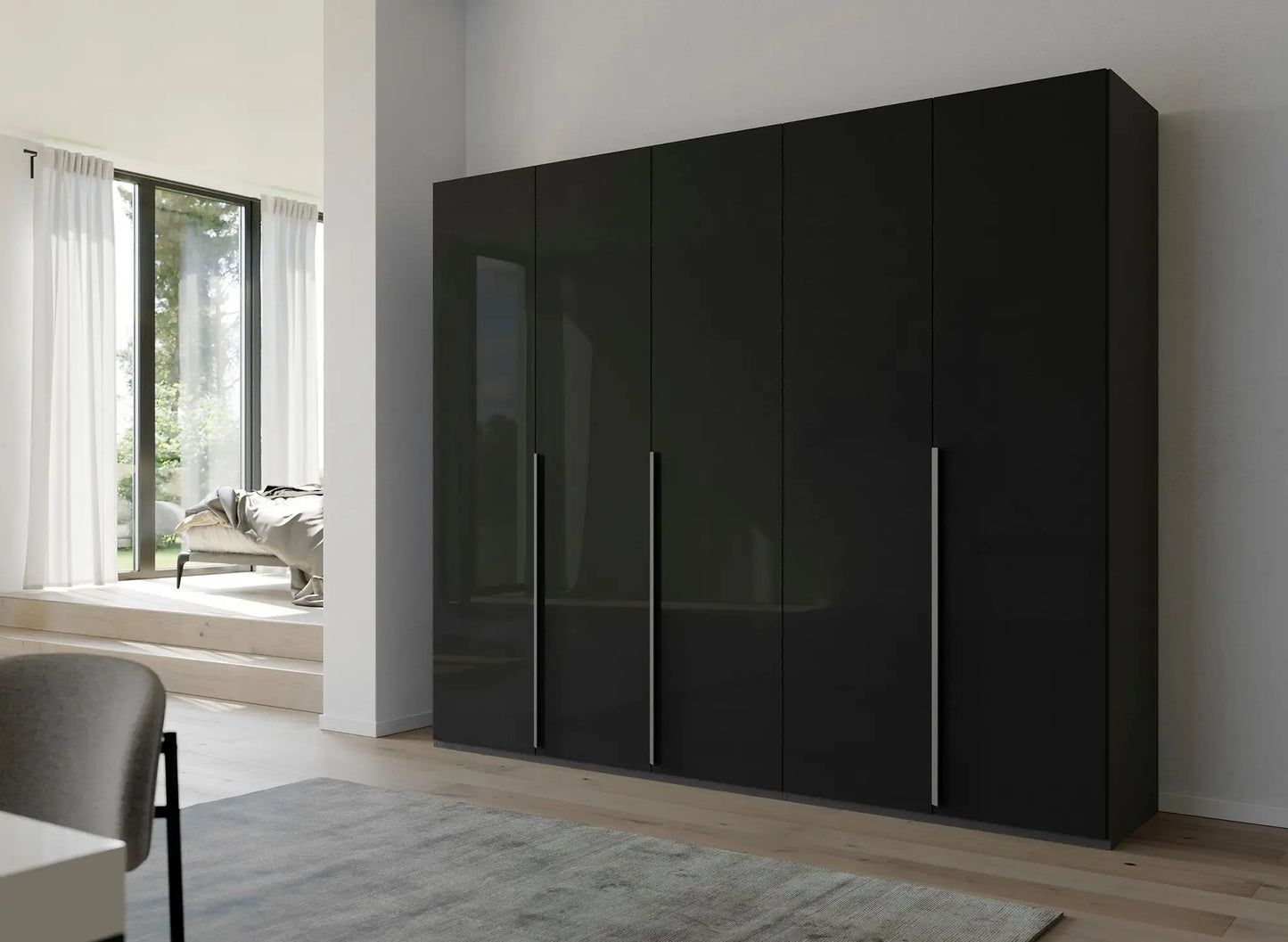 Frans 250cm 5 Door Wardrobe in Graphite Glass - Styled in a Bedroom