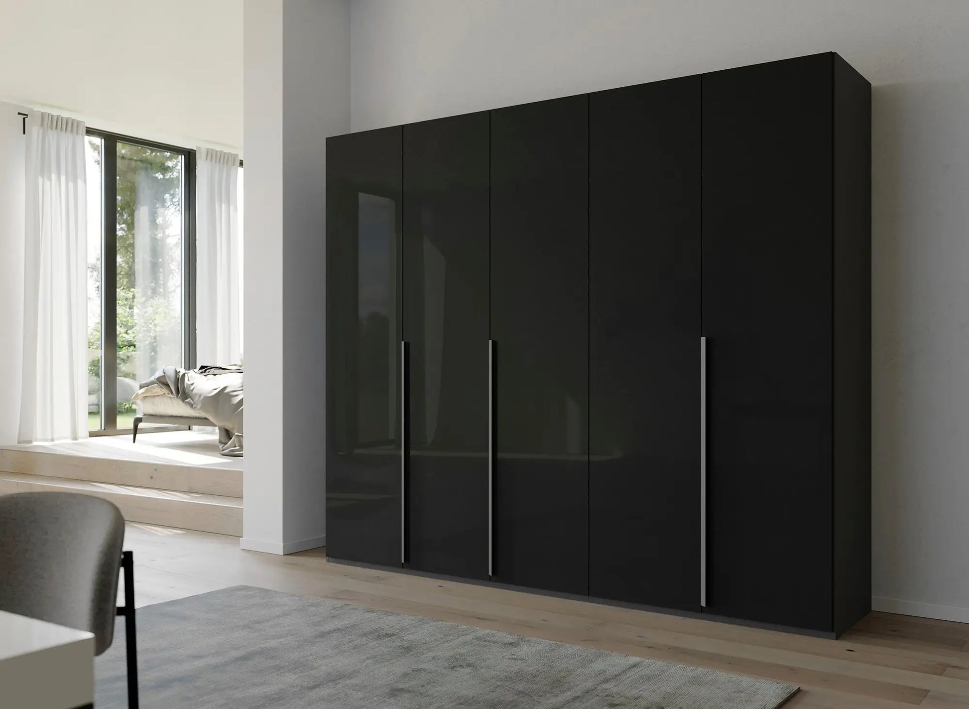 Frans 250cm 5 Door Wardrobe in Graphite Glass - Styled in a Bedroom